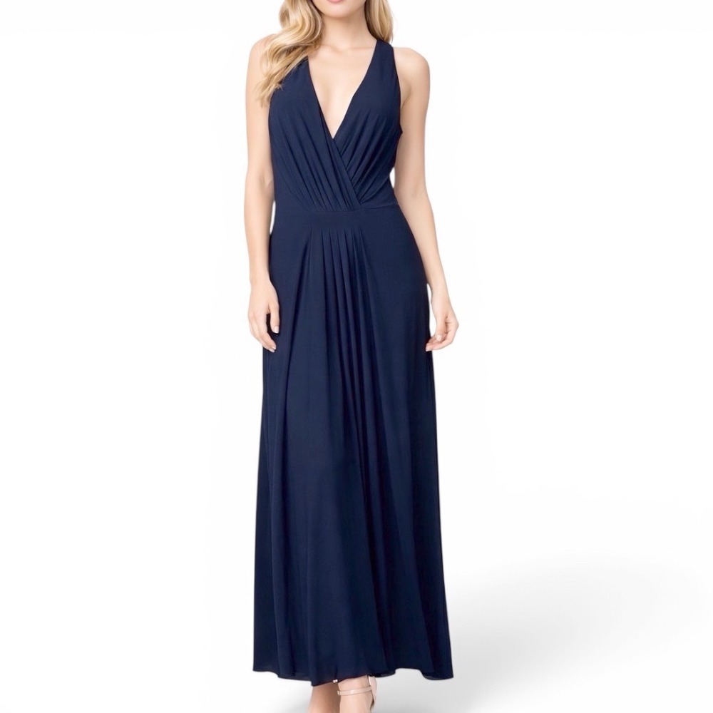 Lauren Ralph Lauren Evening Dress 8 Navy Blue Ruched V-Neck Maxi Gala Prom Event